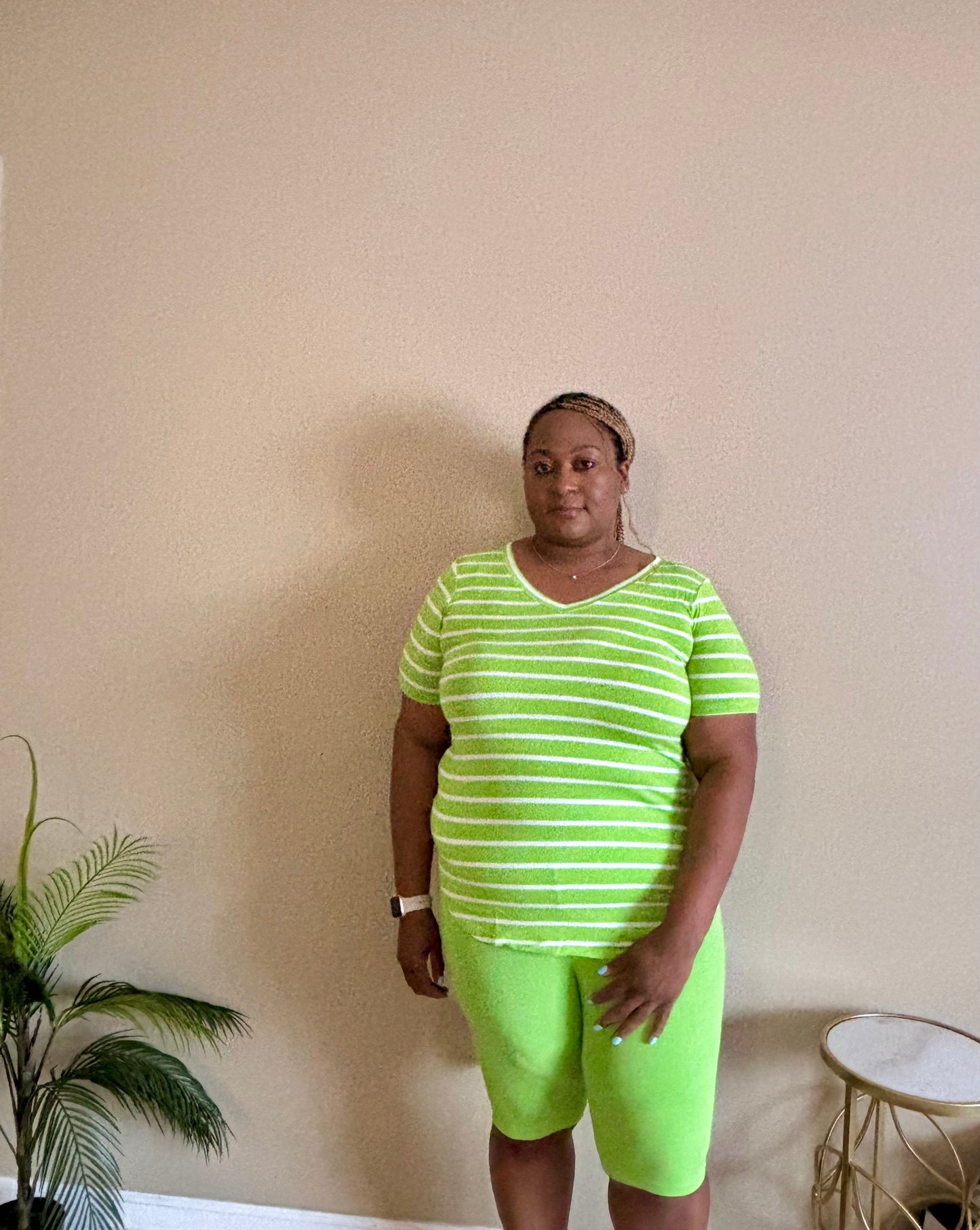 Let’s Go Biker Shorts Set Green/Ivory Stripe