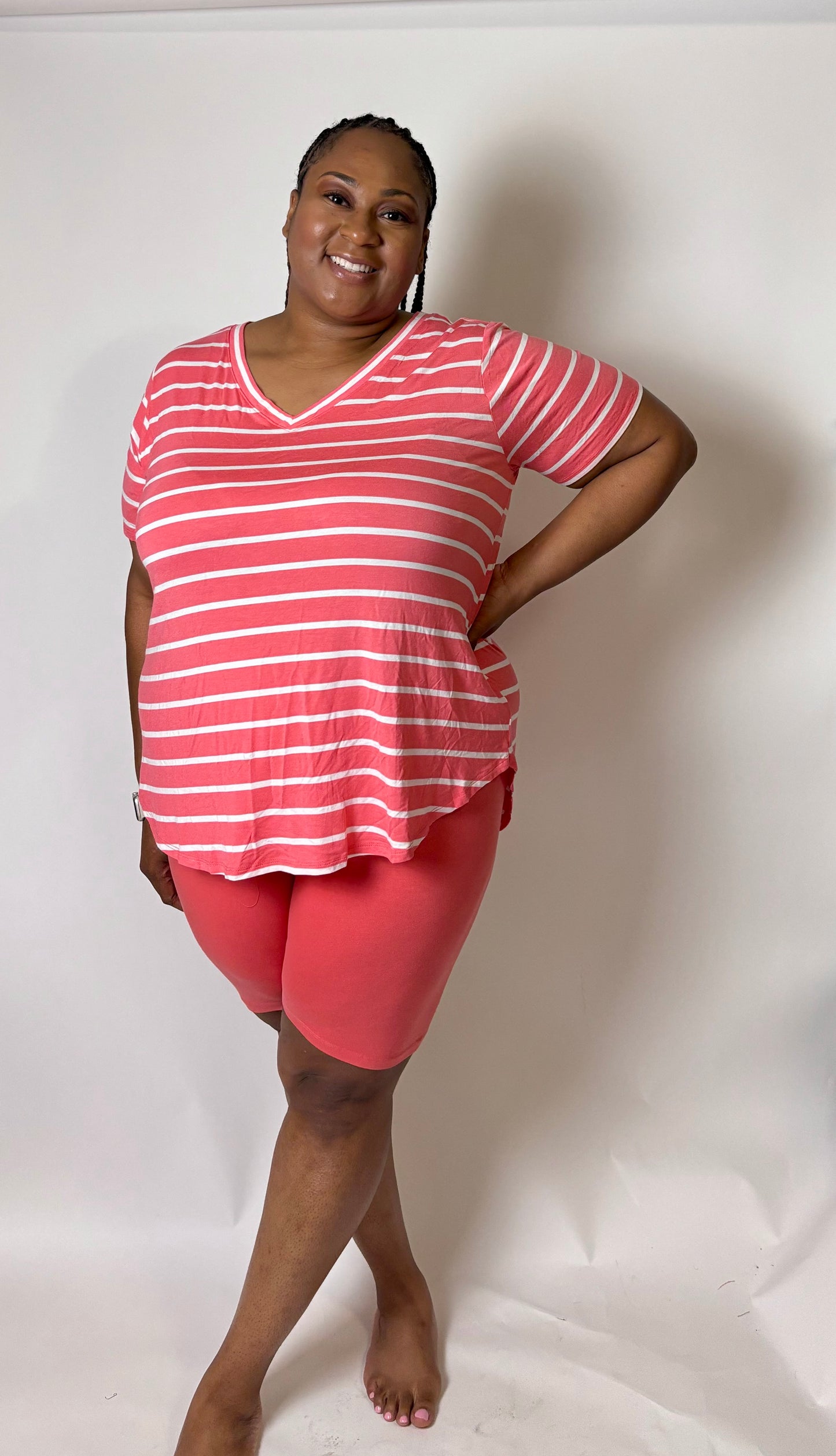 Let’s Go Biker Shorts Set Deep Coral Ivory Stripe